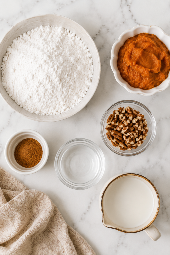 Flat lay of ingredients for an easy pumpkin mug cake including angel food cake mix, pumpkin puree, pumpkin pie spice, chopped pecans, water, and whipped cream on a white marble countertop.