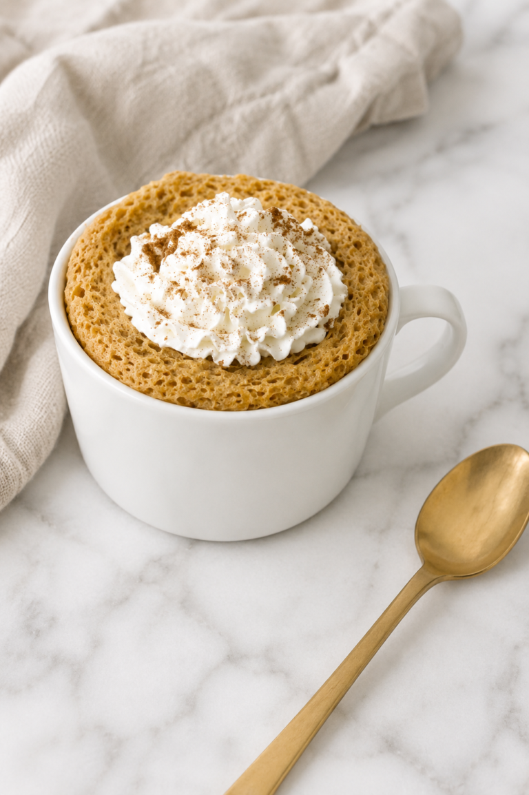 Easy pumpkin mug cake topped with whipped cream and pumpkin pie spice in a white mug on a marble countertop.