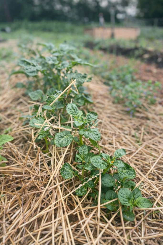 Young potato plants growing through straw mulch in a home garden bed