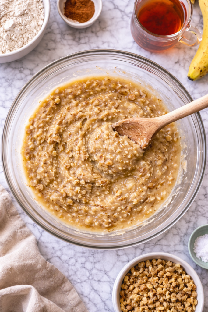 Maple banana muffin batter being mixed in a glass bowl with a wooden spoon on a marble countertop