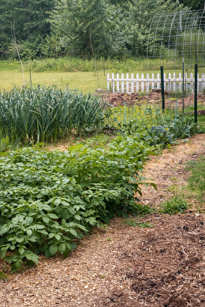 Healthy potato plants growing in neat rows in a backyard vegetable garden