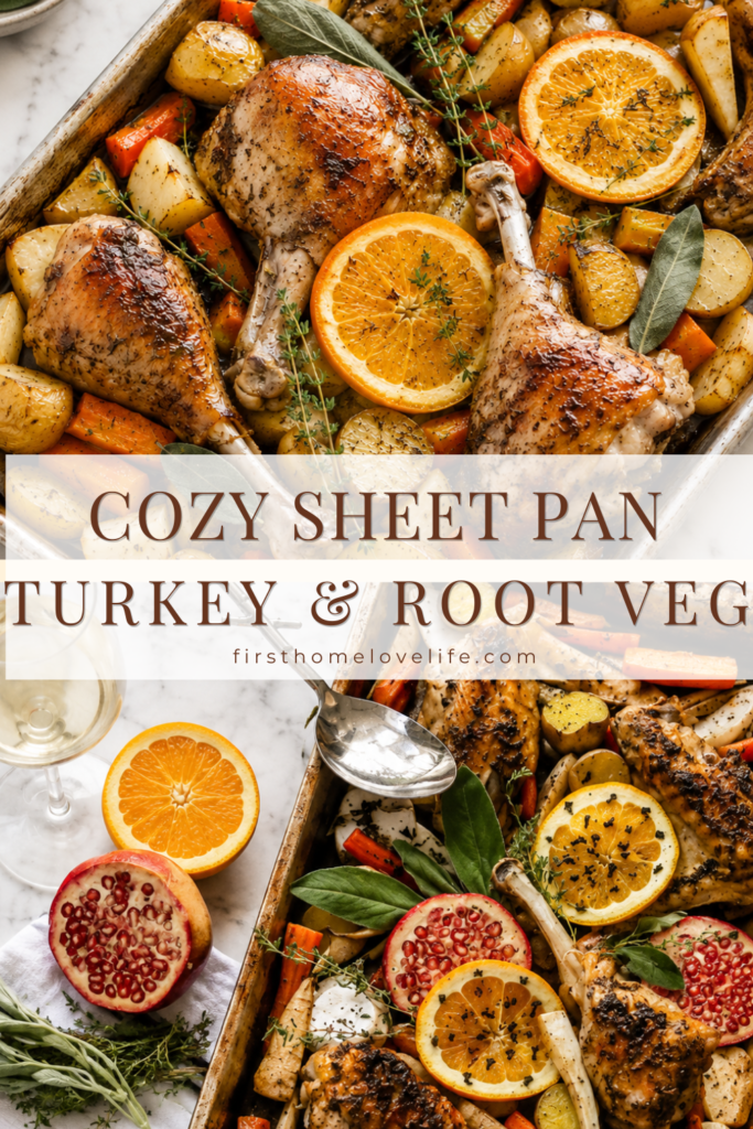 Sheet pan turkey with roasted root vegetables, fresh herbs, citrus, and pomegranate on a white marble countertop styled for a small Thanksgiving dinner.