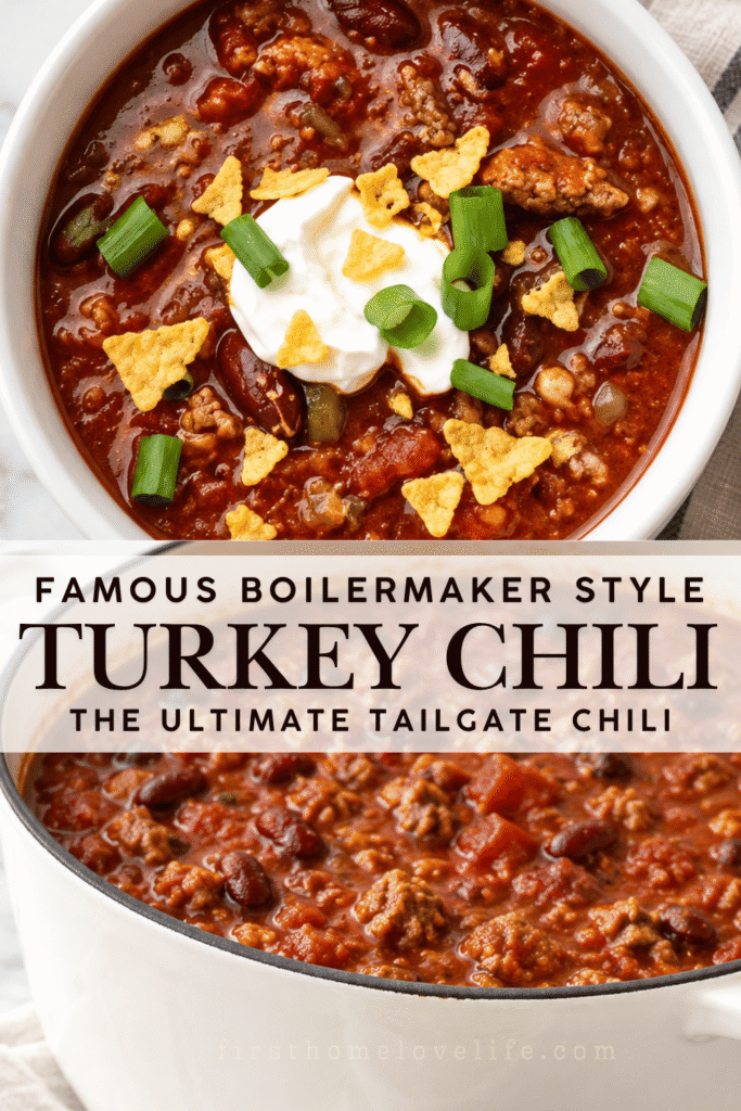 Boilermaker-style turkey chili with Italian turkey sausage, beans, sour cream, green onions, and crushed corn chips