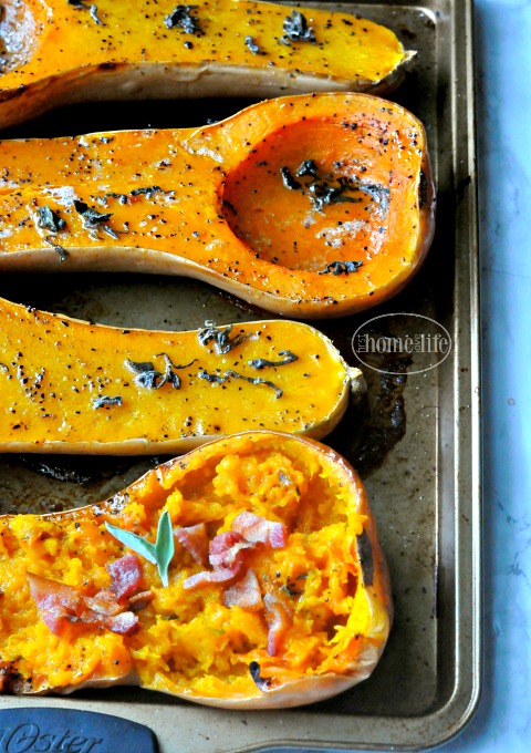 maple bacon butternut squash recipe! The most delicious way to roast butternut squash for fall! This would make a great side dish at Thanksgiving! via firsthomelovelife.com
