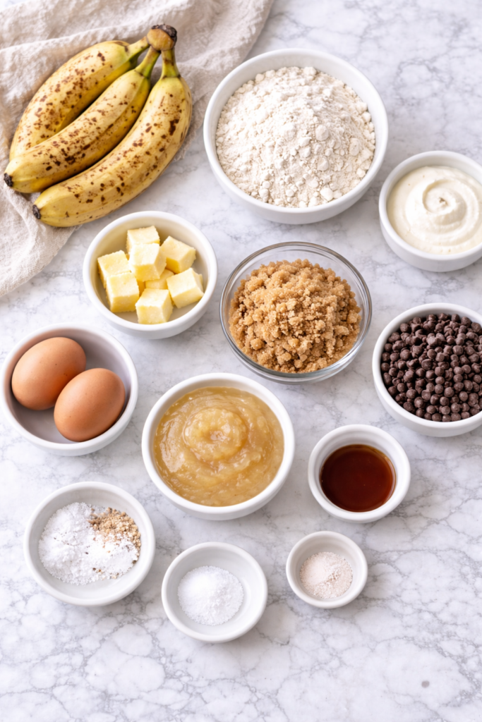 Flat lay of chocolate chip banana bread ingredients including ripe bananas, flour, brown sugar, eggs, butter, sour cream, applesauce, and chocolate chips on a marble surface