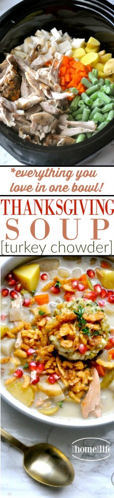 everything you love about Thanksgiving dinner in one bowl! Made in the crockpot- this Thanksgiving soup is a creamy turkey chowder with all the trimmings! A perfect way to use up your Thanksgiving leftovers or an easy crockpot meal to serve on a chilly winter day! via firsthomelovelife.com.jpg