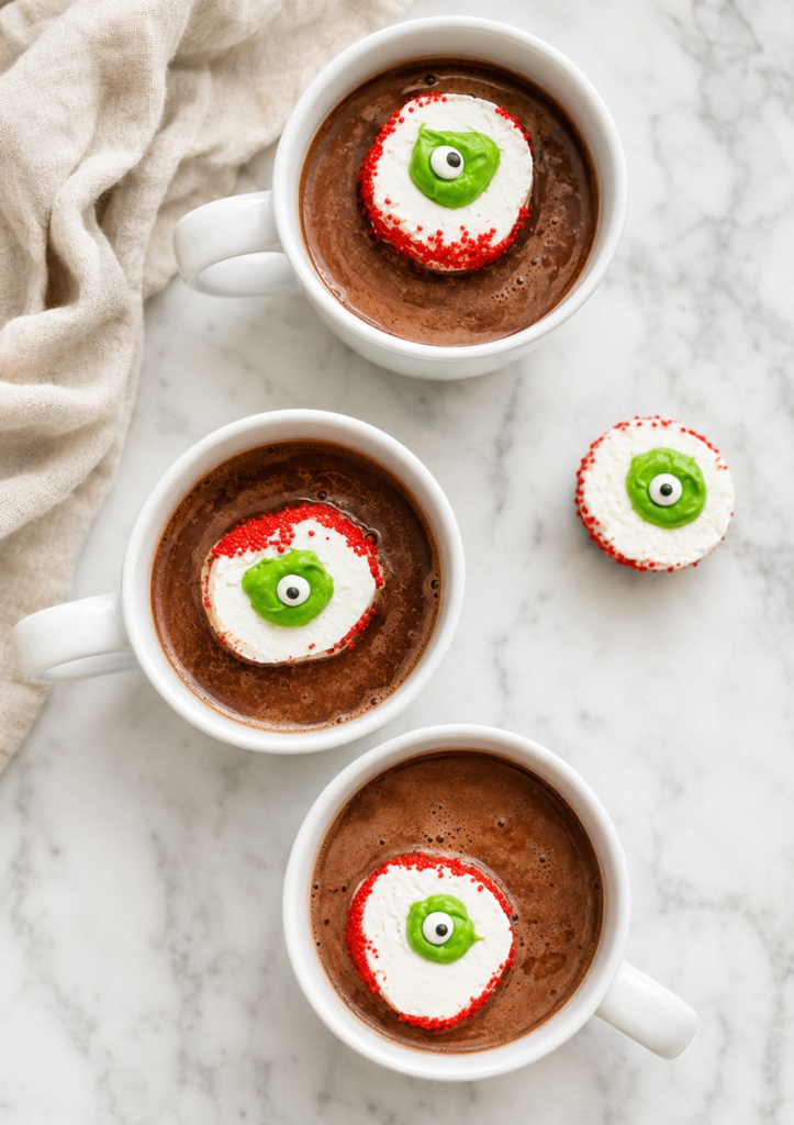 Three white mugs of hot chocolate topped with homemade marshmallow eyeballs on a marble counter.