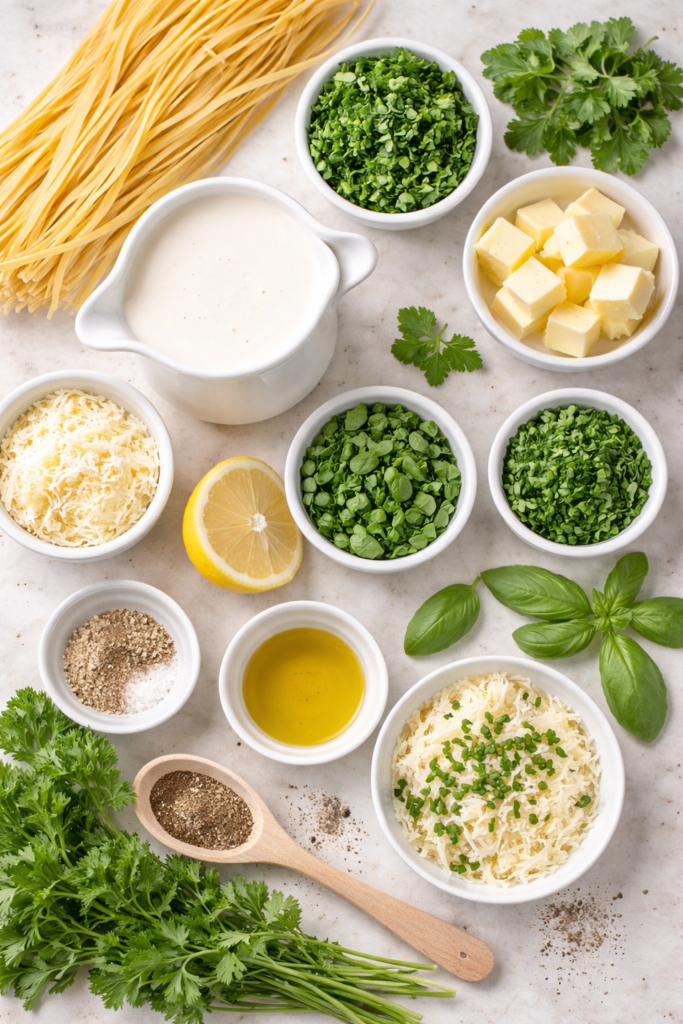 Flat lay of ingredients for fresh herb fettuccine Alfredo including pasta, cream, butter, Parmesan cheese, basil, parsley, and chives