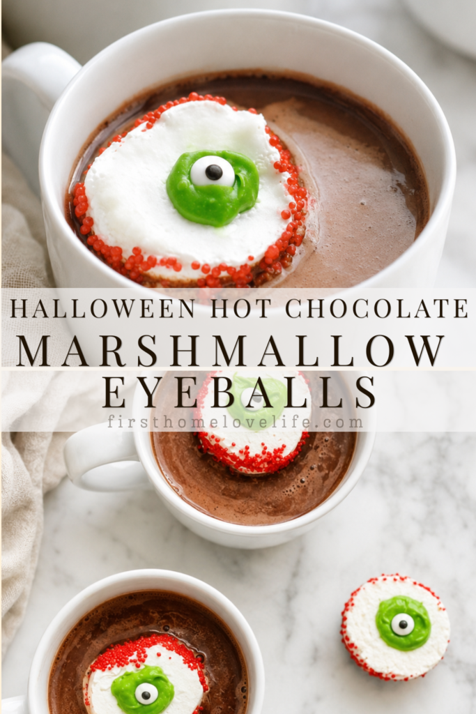 Halloween hot chocolate topped with homemade marshmallow eyeballs decorated with green candy melts, candy eyes, and red sprinkles.