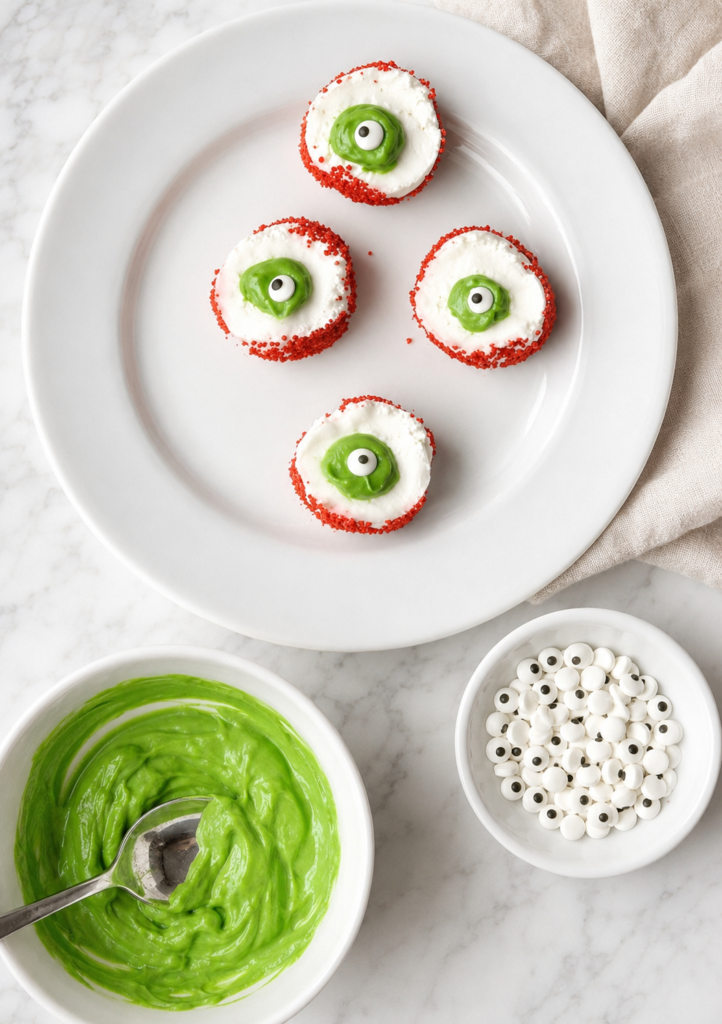 Homemade marshmallow eyeballs beside green candy melts and edible candy eyes on a white marble counter.