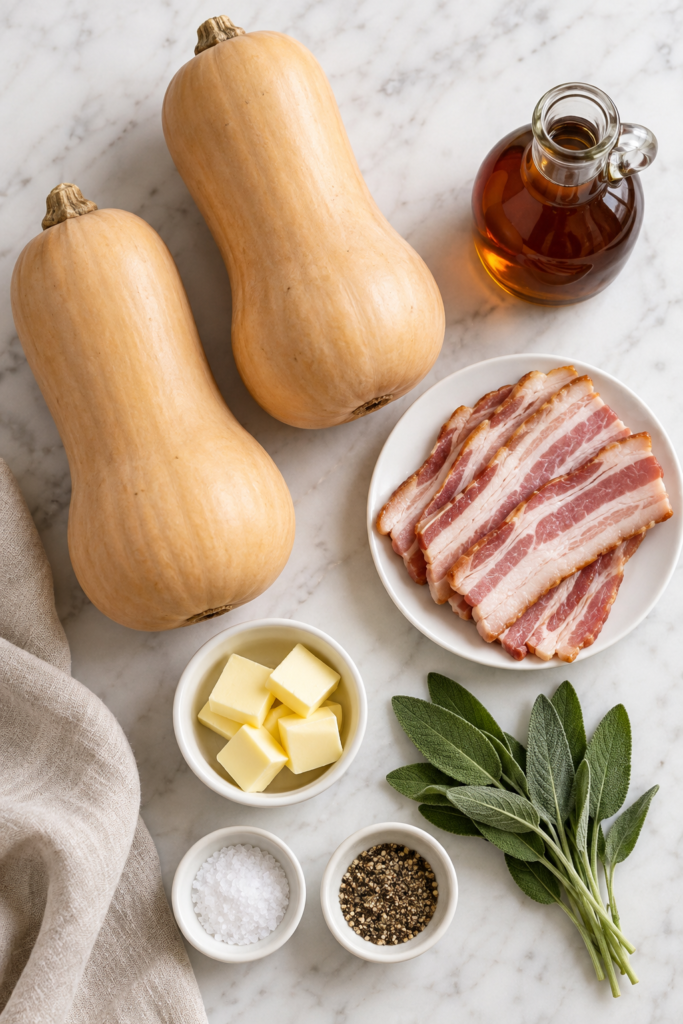 Ingredients for maple bacon butternut squash including squash, bacon, maple syrup, butter, sage, salt, and pepper