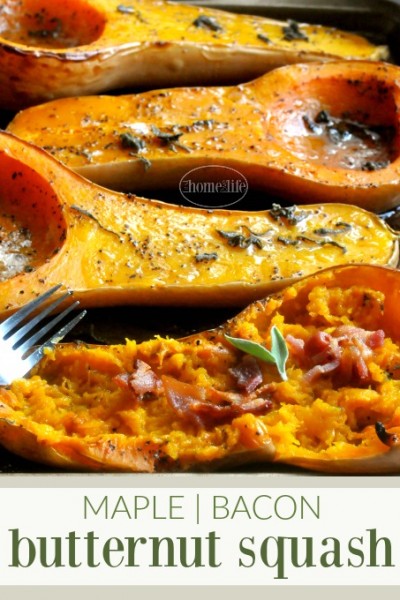maple bacon butternut squash recipe! The most delicious way to roast butternut squash for fall! This would make a great side dish at Thanksgiving! via firsthomelovelife.com