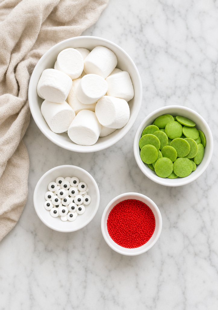 Jumbo marshmallows, green candy melts, candy eyes, and red sprinkles arranged in white bowls on a marble counter.