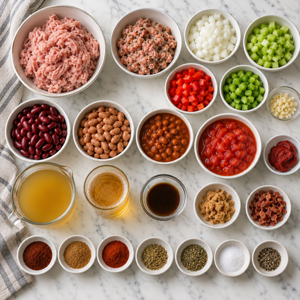 Flat lay of ingredients for mild Boilermaker-style turkey chili including ground turkey, Italian turkey sausage, beans, vegetables, tomatoes, beer, broth, and spices