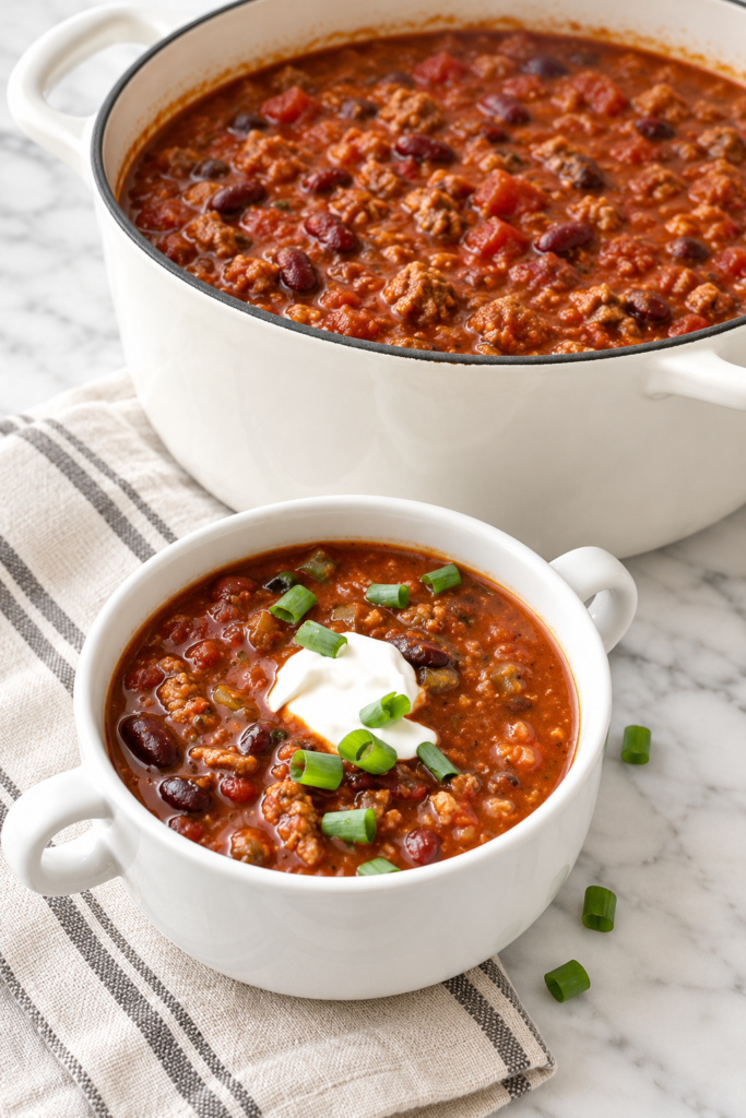 Mild Boilermaker-style turkey chili with Italian turkey sausage, beans, tomatoes, sour cream, and green onions in a white enamel Dutch oven