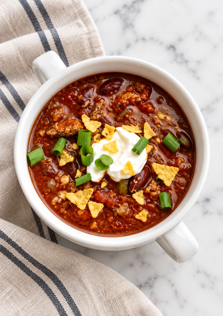 Bowl of mild turkey chili with Italian turkey sausage, beans, sour cream, green onions, and crushed corn chips