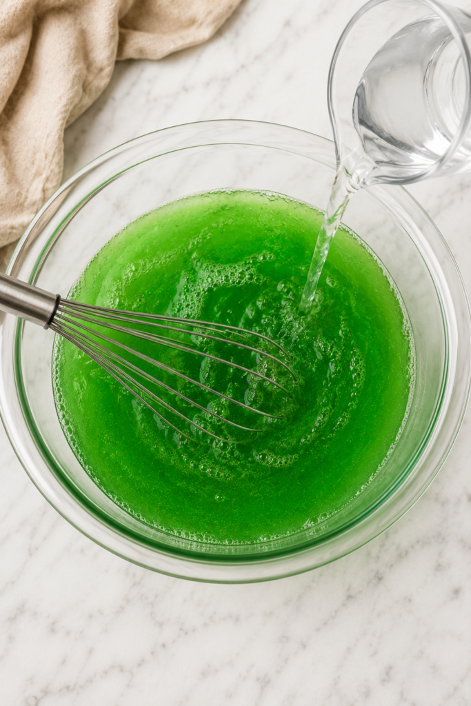 Overhead view of bright green lime Jello being whisked together in a clear glass mixing bowl on a white marble countertop for homemade Monster Jello Shots.