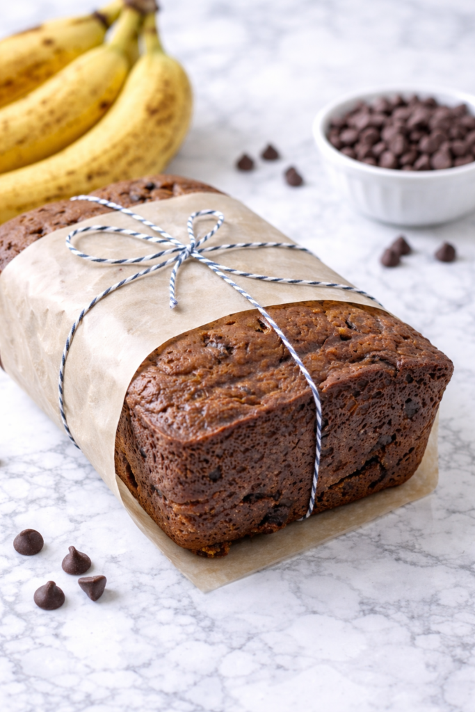 Moist chocolate chip banana bread loaf wrapped in parchment paper with ripe bananas and chocolate chips in the background