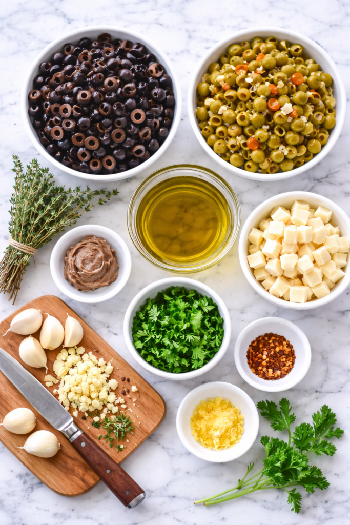 top down view of ingredients for olive parmesan dip including black olives, green olives, garlic, herbs, olive oil, and cubed parmesan cheese on a marble surface