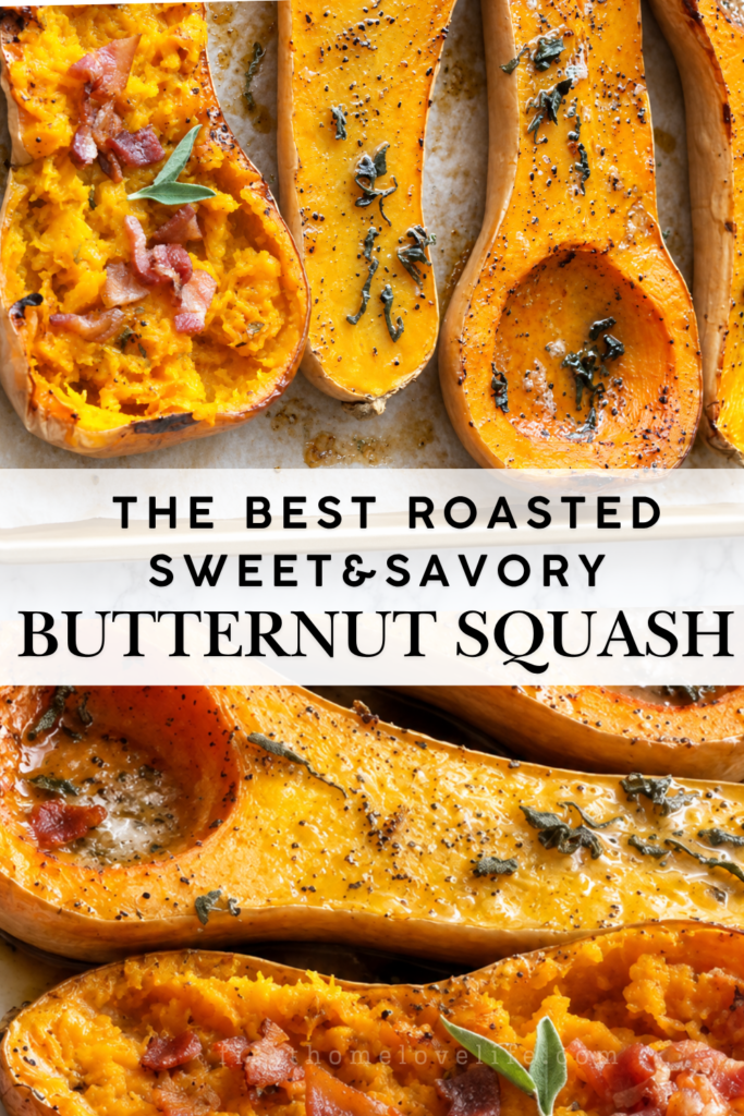 Roasted maple bacon butternut squash with fresh sage and black pepper on a parchment-lined baking sheet