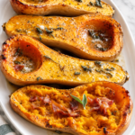 Roasted maple bacon butternut squash halves with sage and crispy bacon on a white platter