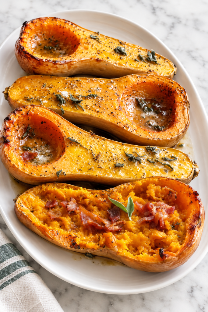 Roasted maple bacon butternut squash halves with sage and crispy bacon on a white platter