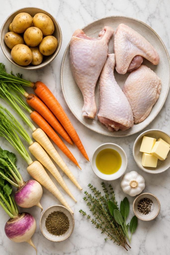 Flat lay of ingredients for sheet pan turkey with root vegetables including turkey legs, turkey wings, carrots, parsnips, turnips, potatoes, butter, garlic, sage, and thyme on a white marble countertop.