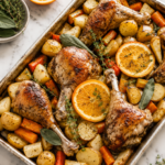 Sheet pan turkey with roasted root vegetables including carrots, potatoes, and turnips on a white marble countertop for an easy Thanksgiving dinner.