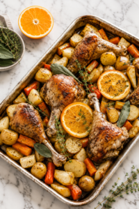 Sheet pan turkey with roasted root vegetables including carrots, potatoes, and turnips on a white marble countertop for an easy Thanksgiving dinner.