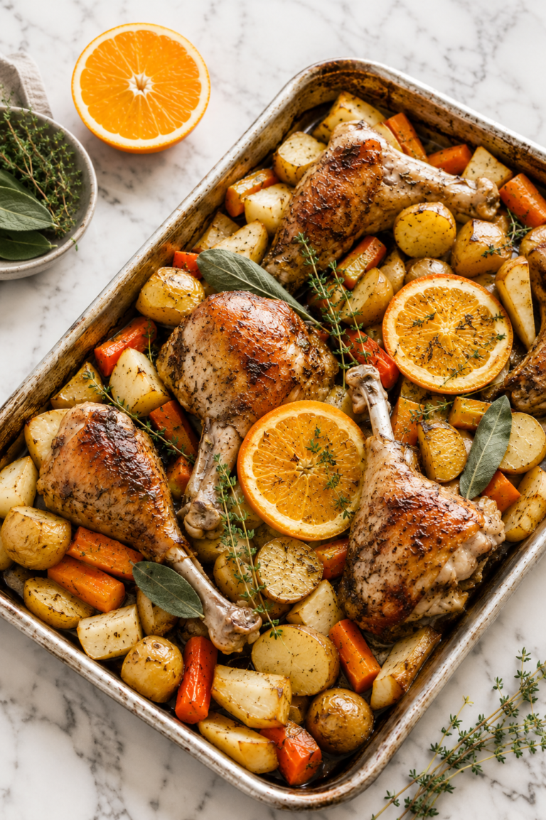 Sheet pan turkey with roasted root vegetables including carrots, potatoes, and turnips on a white marble countertop for an easy Thanksgiving dinner.