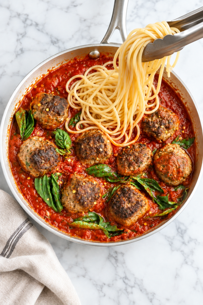 Tongs lowering cooked spaghetti into a silver skillet of spicy Italian meatballs, marinara sauce, and fresh basil before tossing.