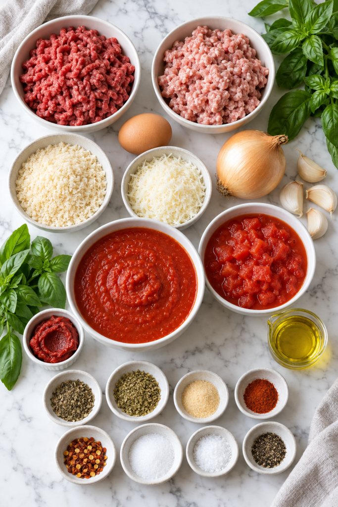 Ingredients for spicy Italian meatballs and marinara, including ground beef, pork, egg, breadcrumbs, Parmesan, tomatoes, basil, and spices on white marble.
