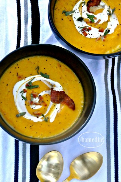 THE BEST BUTTERNUT SQUASH SOUP RECIPE. Made from scratch with bacon and sage. So delicious and perfect to serve at Thanksgiving via firsthomelovelife.com