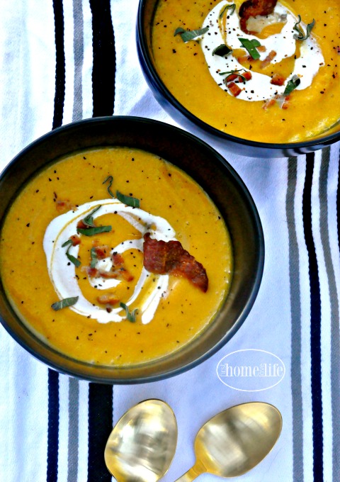 THE BEST BUTTERNUT SQUASH SOUP RECIPE. Made from scratch with bacon and sage. So delicious and perfect to serve at Thanksgiving via firsthomelovelife.com