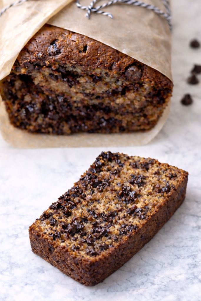 Warm-toned chocolate chip banana bread with a clean slice showing a moist crumb and melted chocolate chips on a marble surface