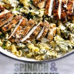 this creamy spinach artichoke chicken pasta recipe is so delicious and easy to make via firsthomelovelife.com