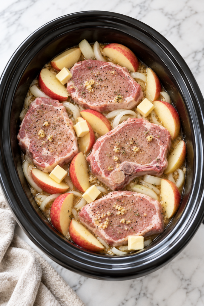 Raw pork chops with apple wedges, sliced onions, butter cubes, garlic, and herbs arranged in a black crockpot before cooking.