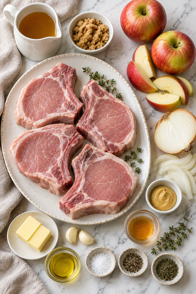 Ingredients for crockpot pork chops with apples and brown sugar arranged on marble, including raw pork chops, apples, onion, Dijon mustard, and seasonings.