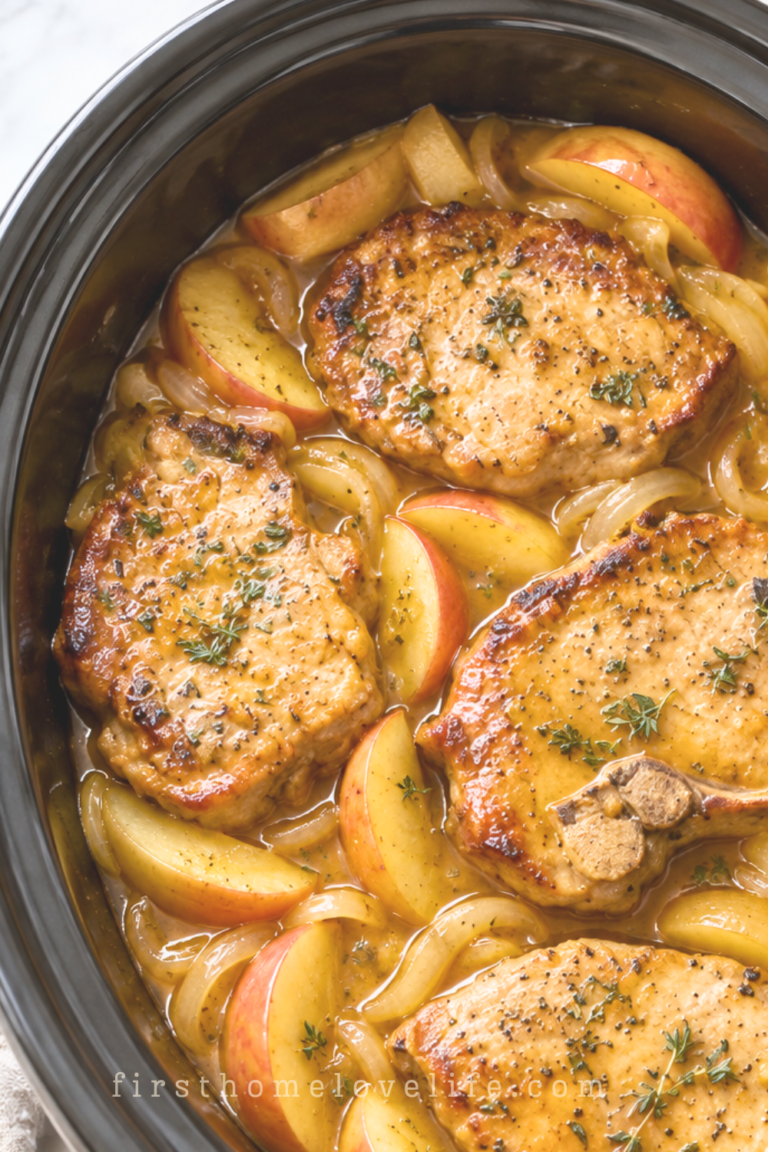 Browned pork chops with apple wedges, sliced onions, and brown sugar sauce in a black slow cooker on a white marble countertop.