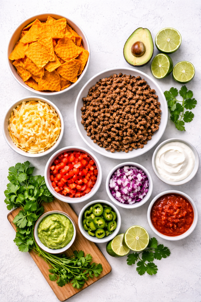 Everything you need to make loaded Doritos nachos—simple ingredients laid out for an easy, flavorful recipe.