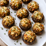 Stuffing stuffed mushrooms filled with leftover stuffing, Parmesan cheese, garlic, and fresh herbs on a white serving platter.