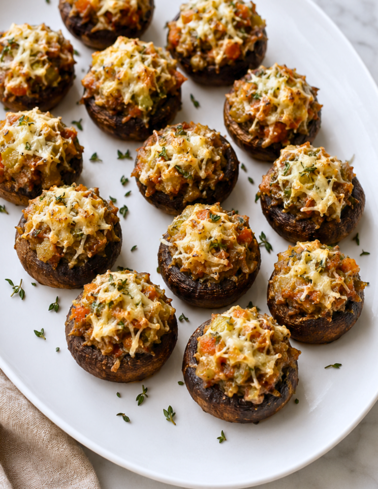 Stuffing stuffed mushrooms filled with leftover stuffing, Parmesan cheese, garlic, and fresh herbs on a white serving platter.