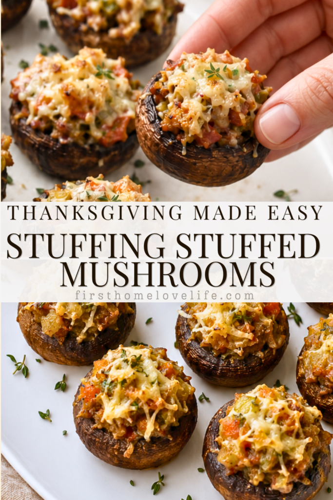 Pinterest collage featuring stuffing stuffed mushrooms filled with savory stuffing, Parmesan cheese, garlic, and herbs for an easy Thanksgiving appetizer.