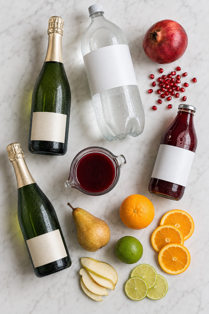 Flat lay of Prosecco, lemon-lime soda, cranberry juice, pomegranate, orange, lime, and pear for an easy holiday punch recipe.