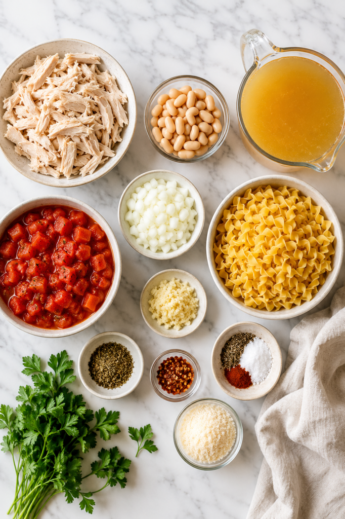 Flat lay of ingredients for Italian chicken noodle soup including shredded chicken, egg noodles, chicken broth, cannellini beans, diced tomatoes, onion, garlic, Parmesan cheese, parsley, and Italian seasonings on a white marble countertop.
