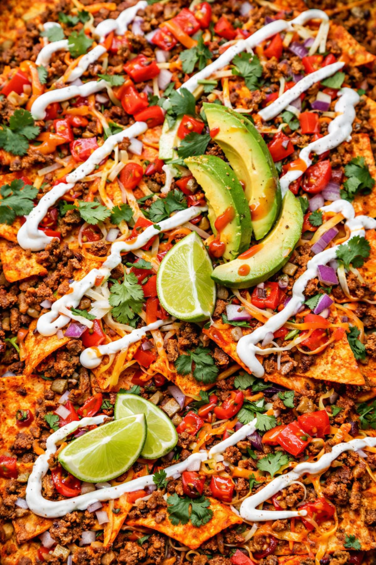 loaded Doritos nachos with ground beef melted cheese avocado sour cream tomatoes and cilantro
