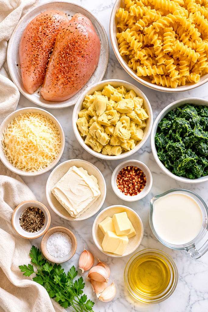 Flat lay of ingredients for spinach artichoke chicken pasta including chicken breasts, rotini pasta, spinach, artichoke hearts, Parmesan cheese, cream cheese, garlic, butter, olive oil, and seasonings on a marble countertop.