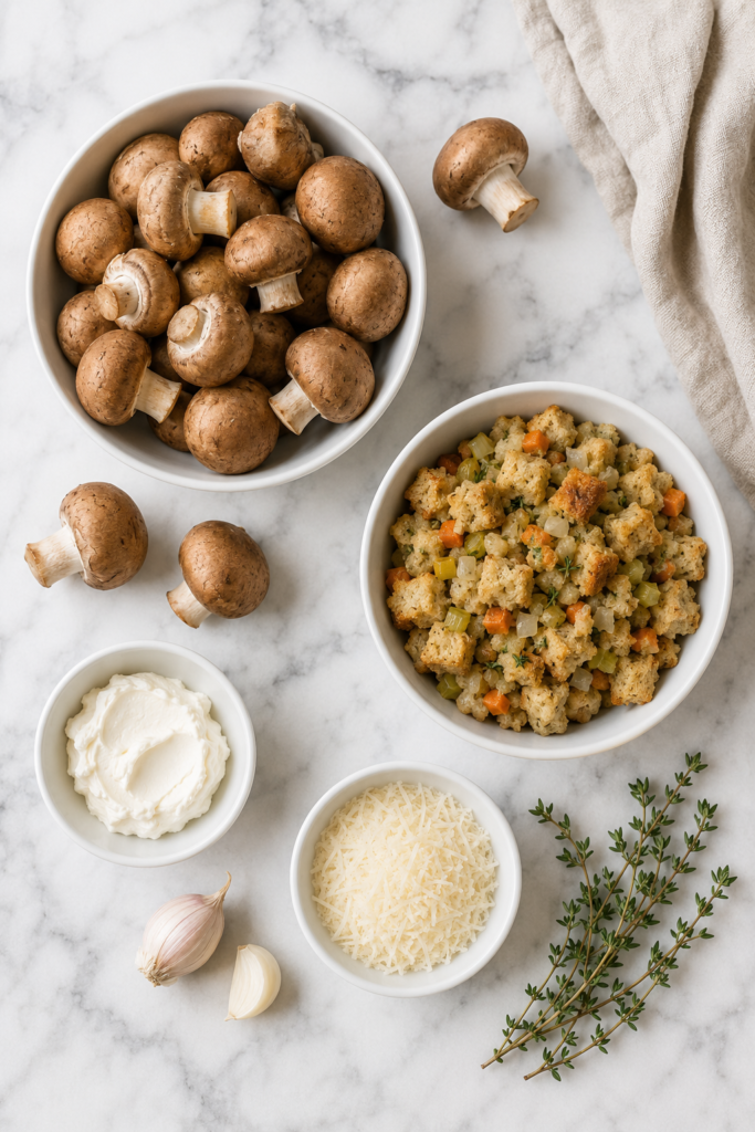Stuffing stuffed mushroom ingredients including baby bella mushrooms, prepared stuffing, cream cheese, Parmesan, garlic, and fresh thyme.