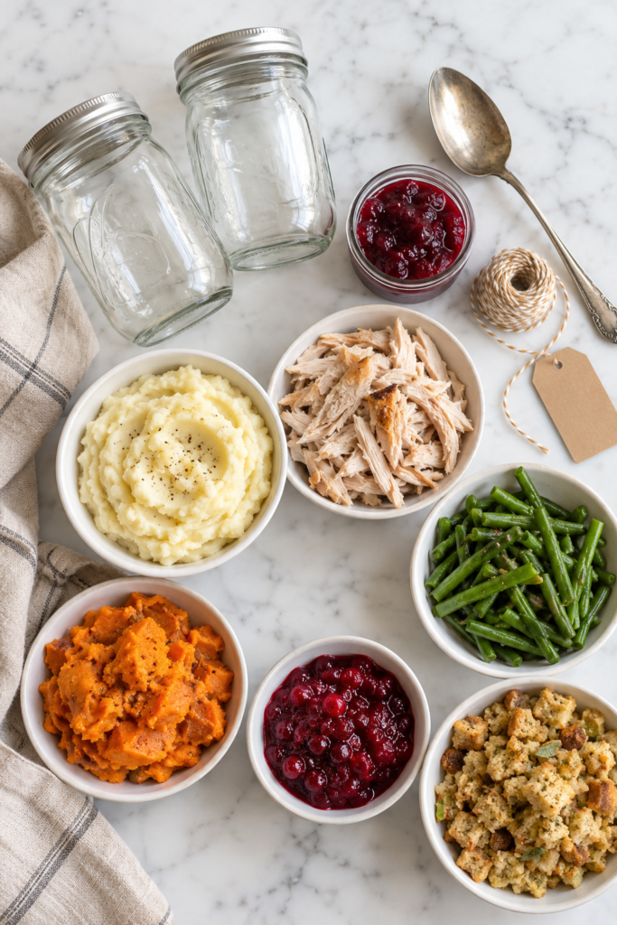 Overhead flat lay of Mason jars, leftover turkey, mashed potatoes, stuffing, green beans, sweet potatoes, cranberry sauce, and Thanksgiving packaging supplies on a white marble countertop.