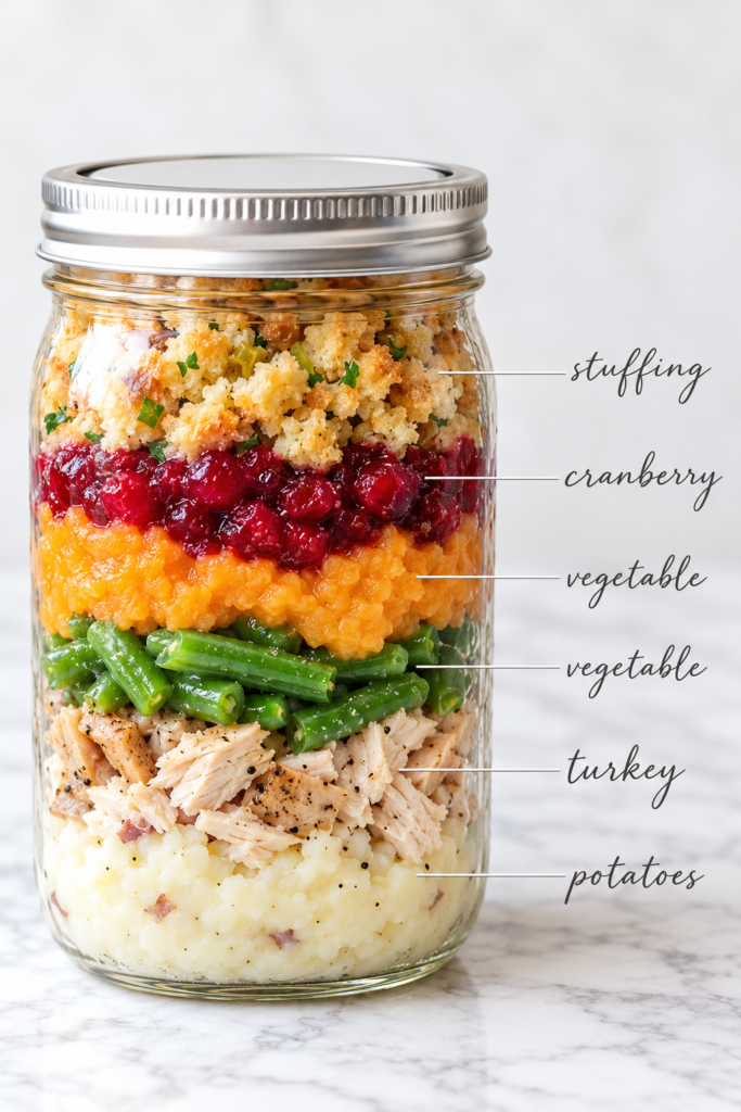 Mason jar filled with layered Thanksgiving leftovers labeled stuffing, cranberry, vegetables, turkey, and potatoes on a marble countertop.